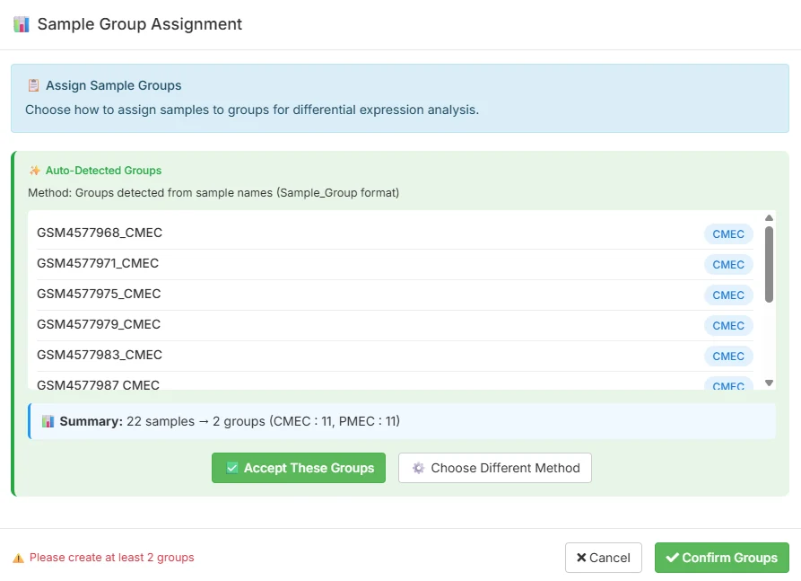TransXplorer auto-detected sample groups modal: 22 GSE151427 samples sorted into 11 CMEC and 11 PMEC ready to confirm